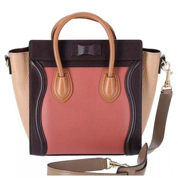 CELINE Luggage Nano Shopper Tote Handbag Pink Beige  Light Brown Colorblock - Picture 6 of 14